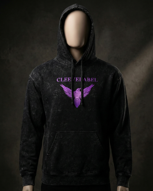 Black acid-wash Salvation hoodie on mannequin with purple angel wings and Cleevelabel logo, front view in dramatic studio lighting.