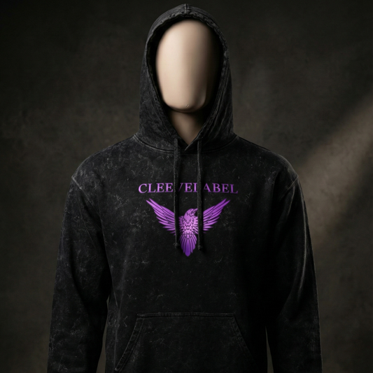 Black acid-wash Salvation hoodie on mannequin with purple angel wings and Cleevelabel logo, front view in dramatic studio lighting.