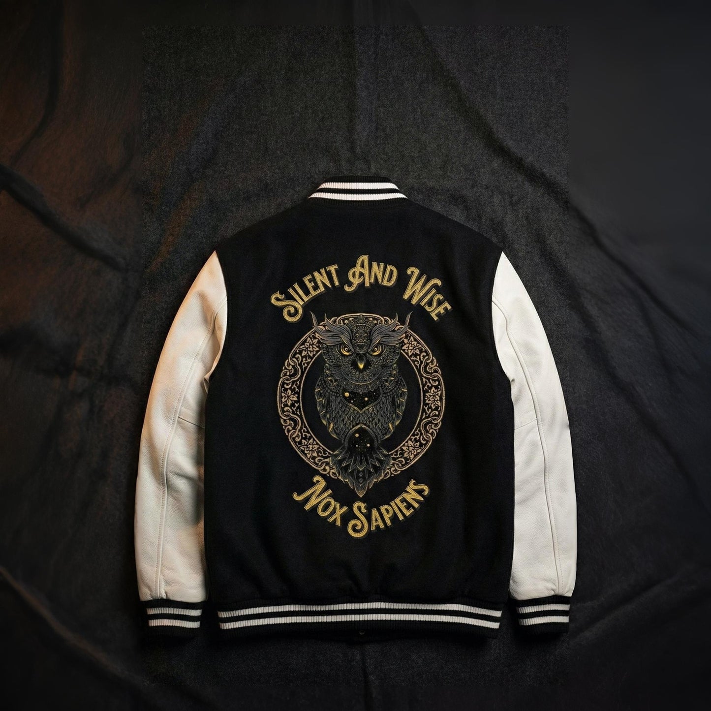 Varsity jacket flat lay showing large embroidered owl and Silent and Wise design on back.