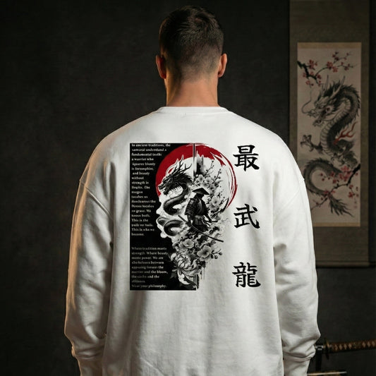 White warrior oversized sweatshirt worn by male model – back view with samurai and dragon design, luxury dark studio setting, Cleevelabel apparel.
