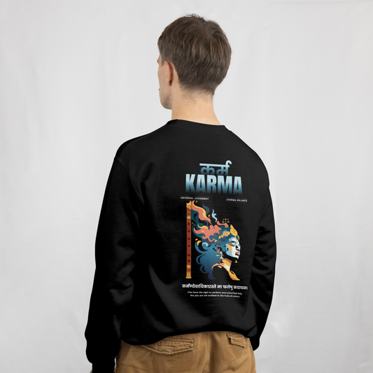 Model wearing black Karma sweatshirt showcasing detailed back graphic.