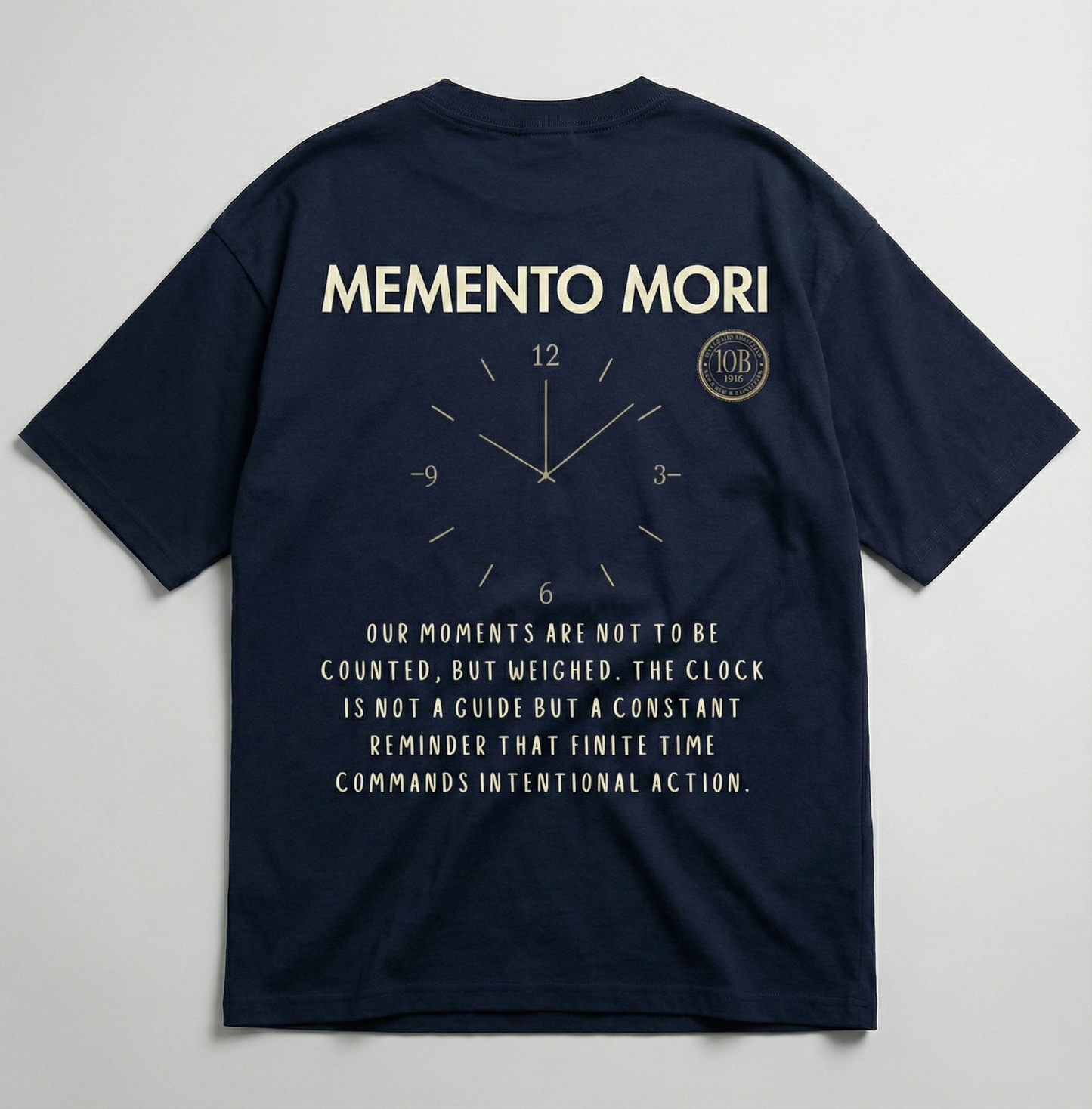 Back design Memento Mori clock and statement text