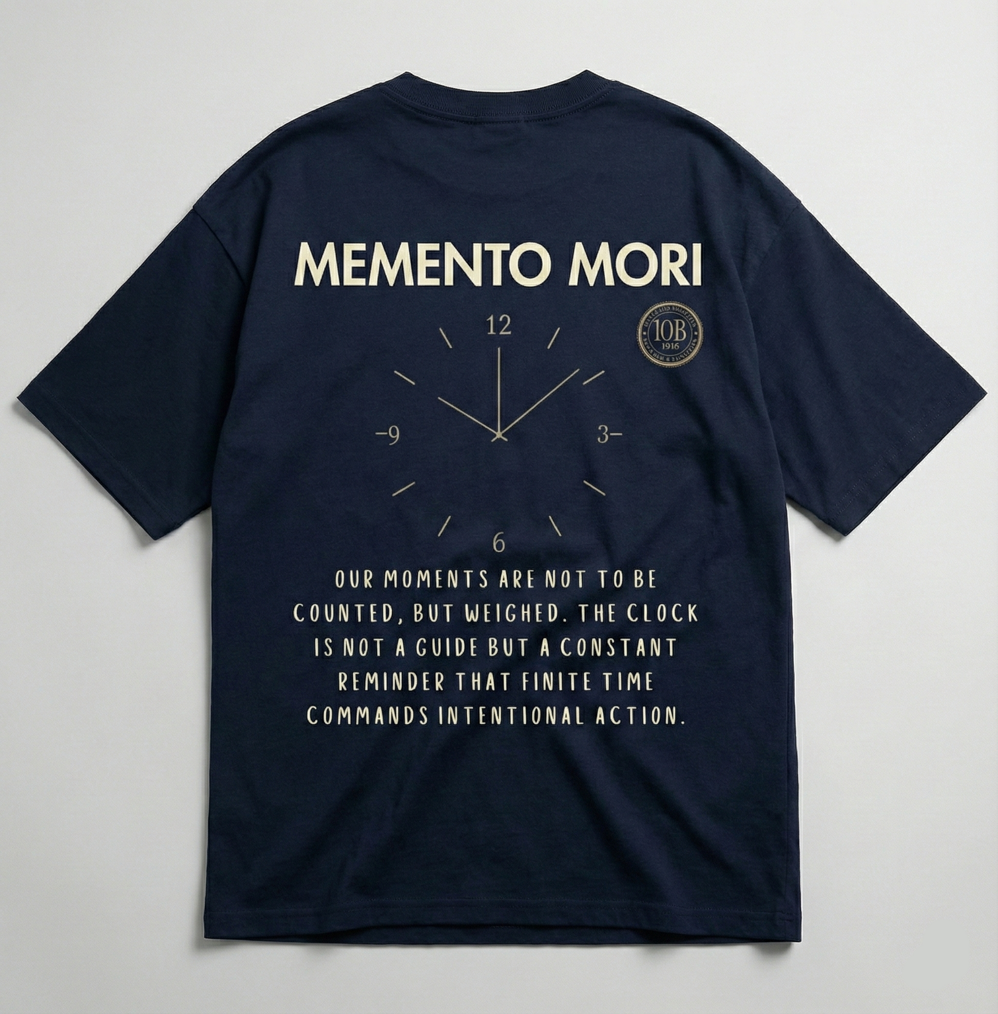 Back design Memento Mori clock and statement text