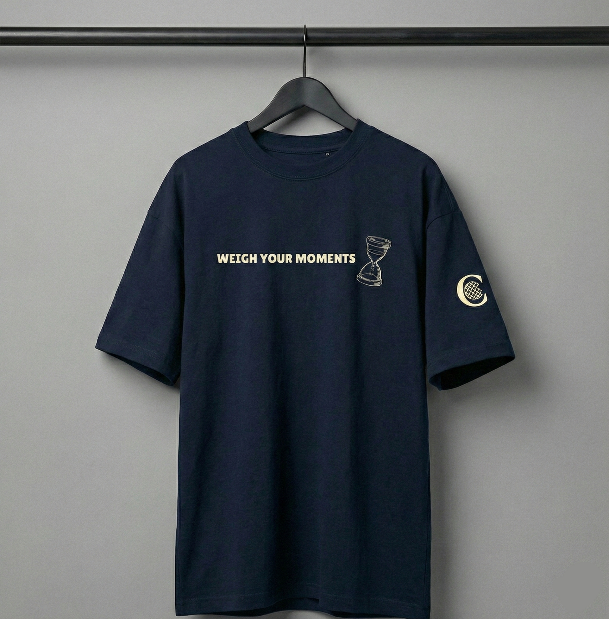 Memento Mori Tee navy on black hanger studio shot