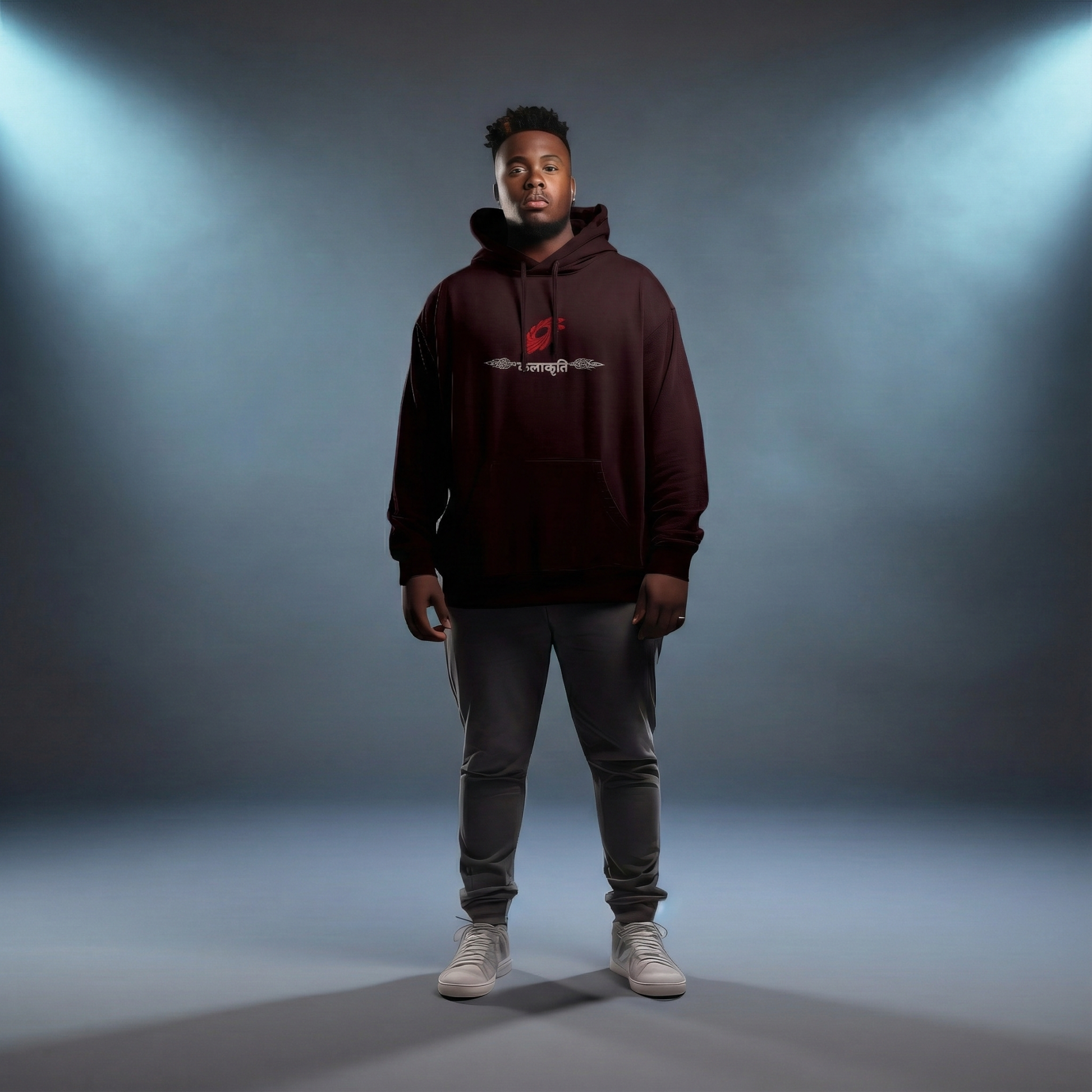 Model wearing maroon Street Artistry hoodie, front design visible.