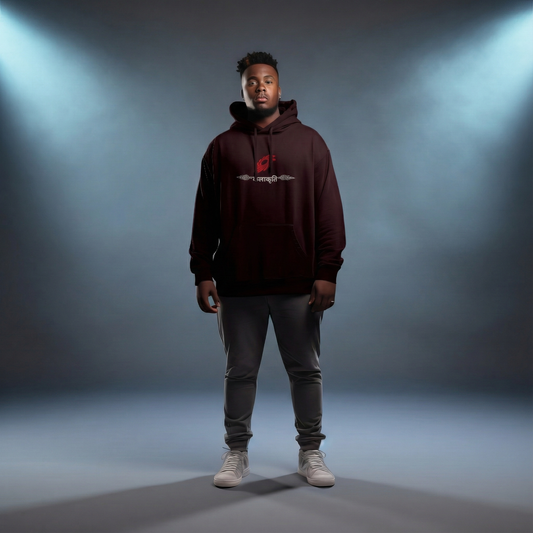 Model wearing maroon Street Artistry hoodie, front design visible.