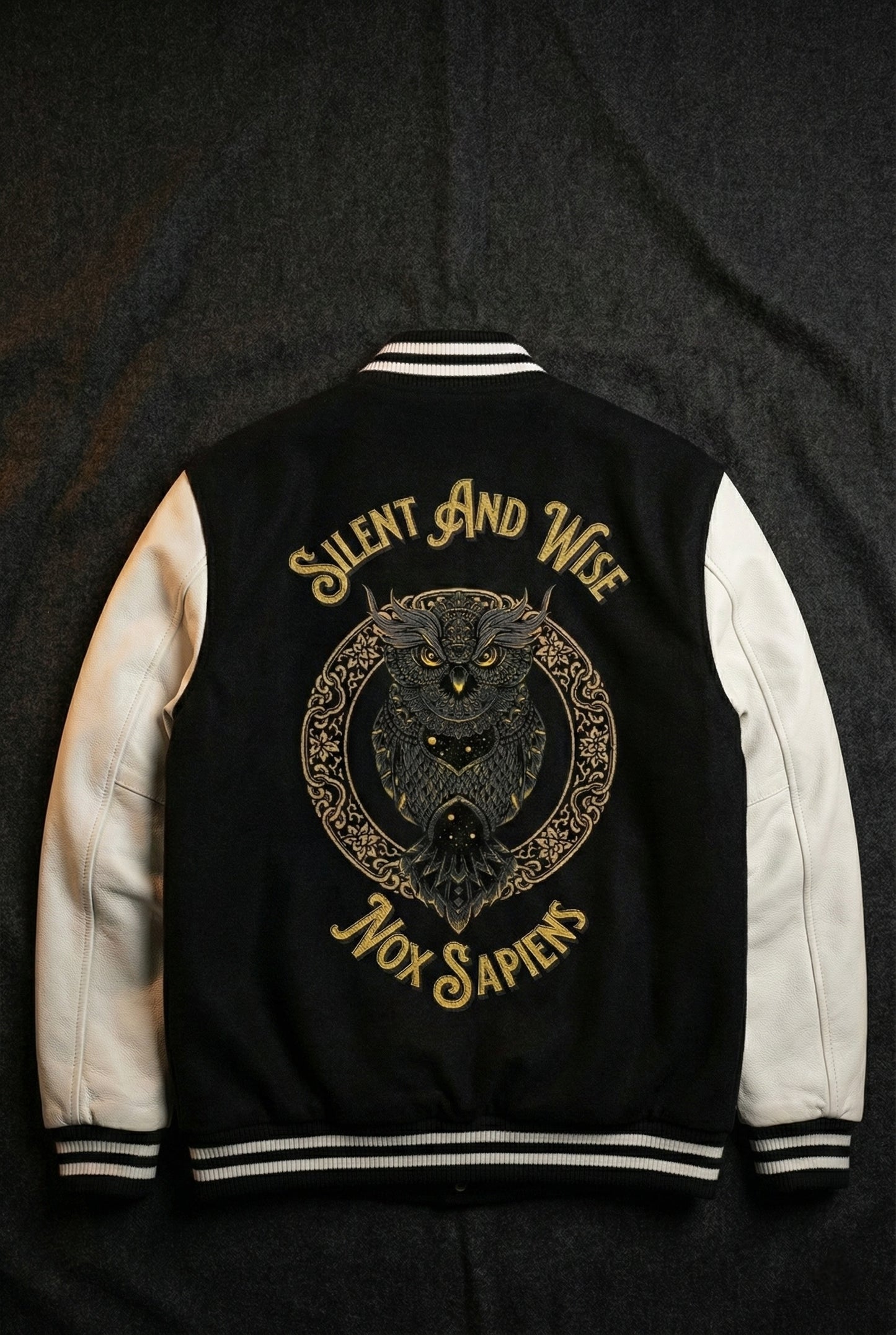 Varsity jacket flat lay showing large embroidered owl and Silent and Wise design on back.