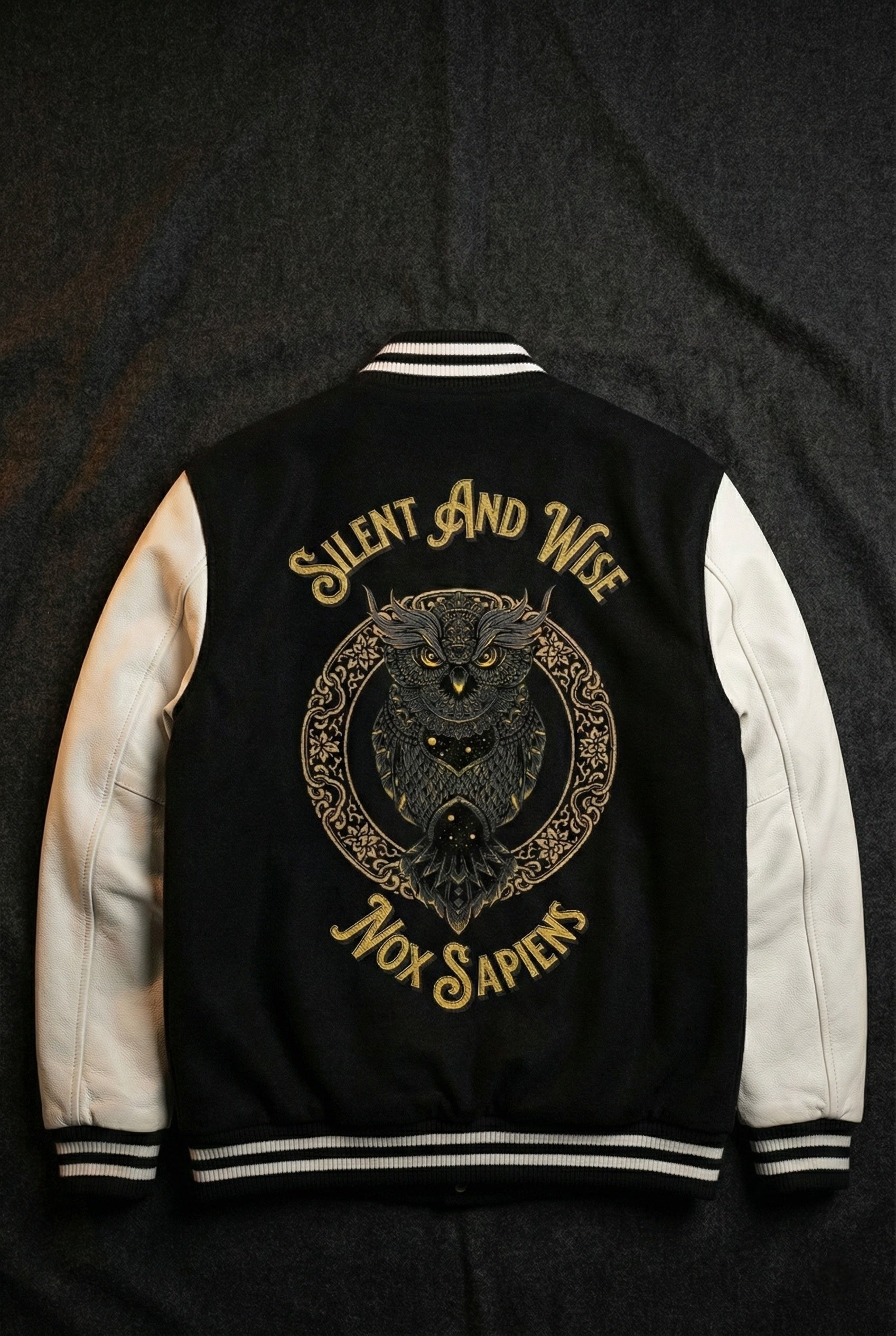 Varsity jacket flat lay showing large embroidered owl and Silent and Wise design on back.