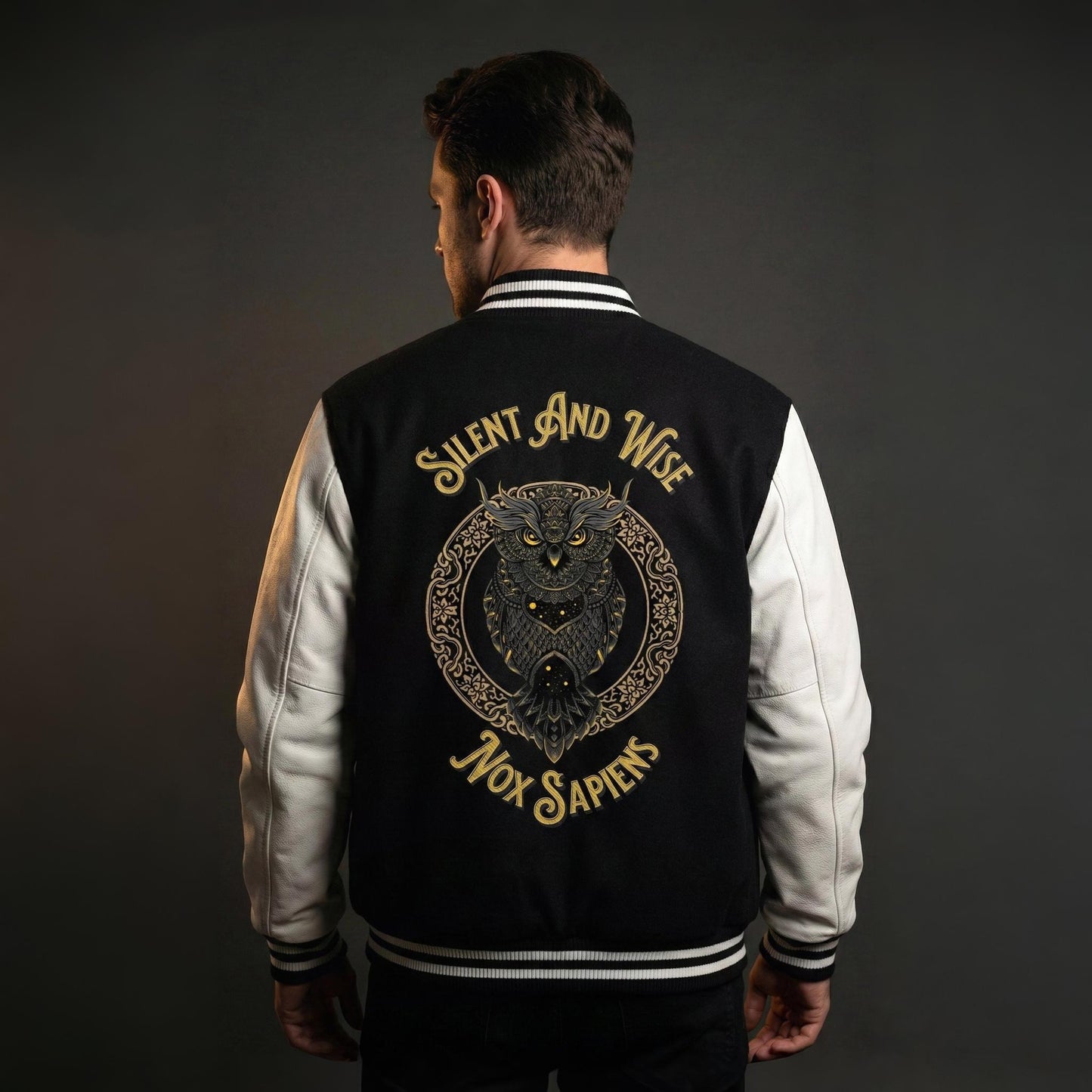 Model wearing varsity jacket showing detailed owl and Silent and Wise back artwork.