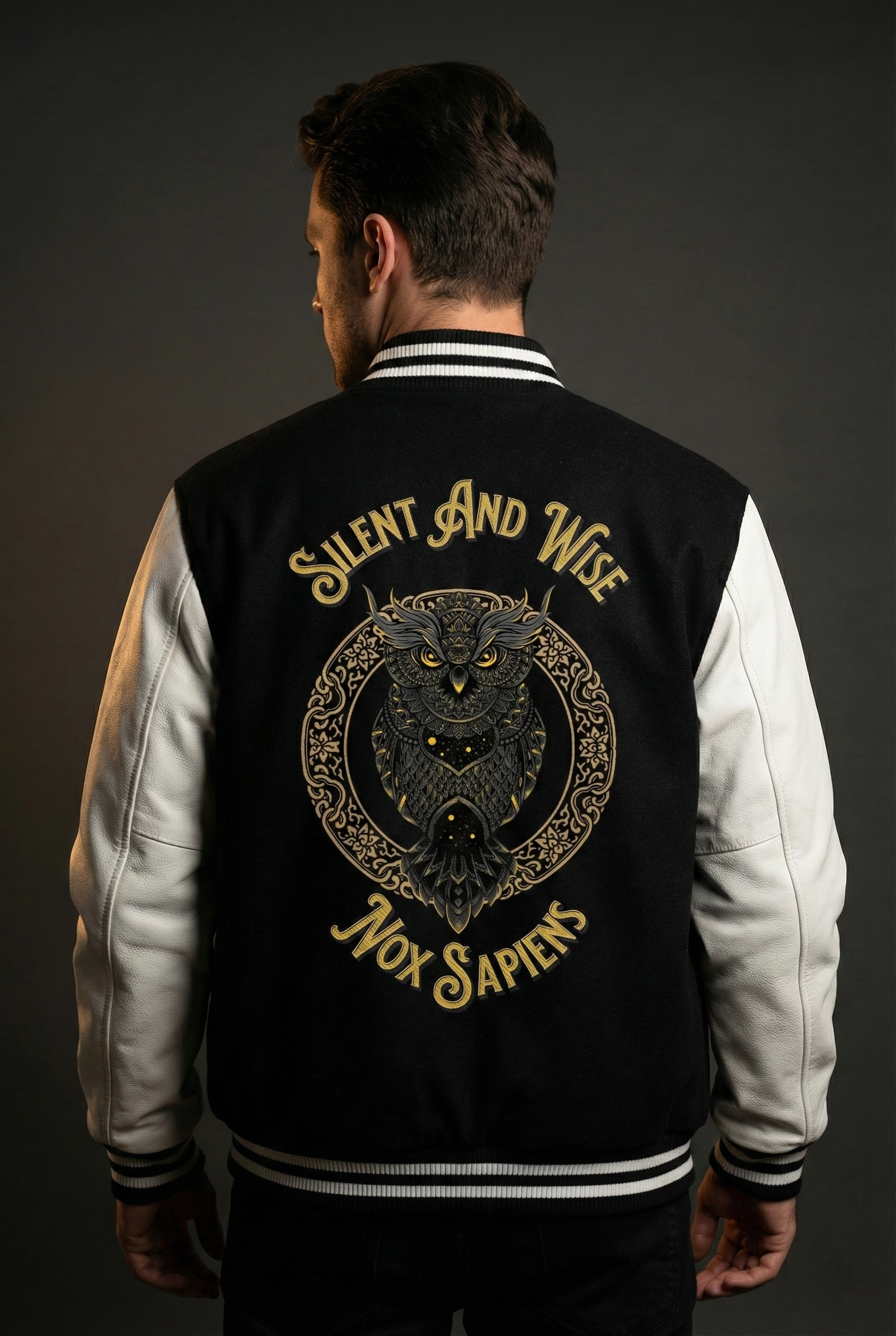 Model wearing varsity jacket showing detailed owl and Silent and Wise back artwork.