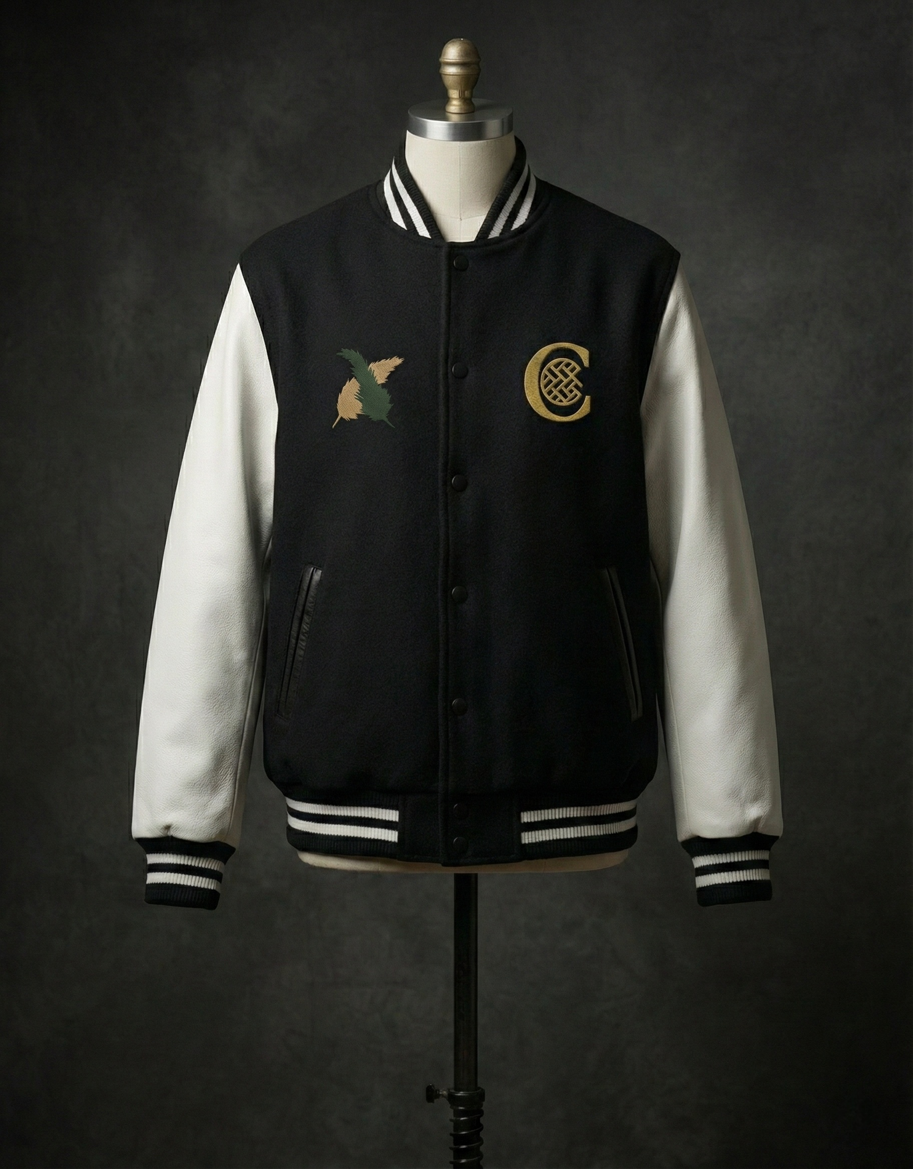 Black and white varsity jacket on mannequin with front logos.