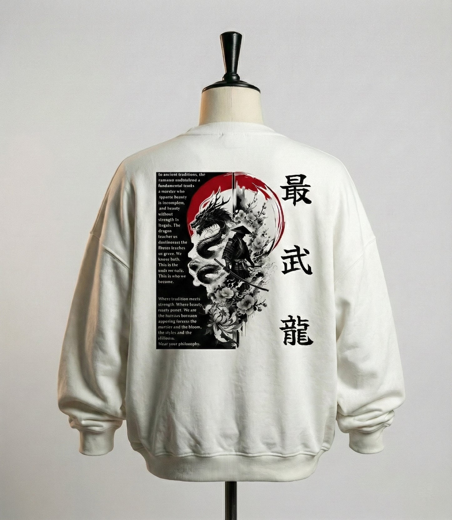 White premium warrior oversized sweatshirt on mannequin – back view with samurai, dragon, and red sun artwork by Cleevelabel, minimalist studio background.