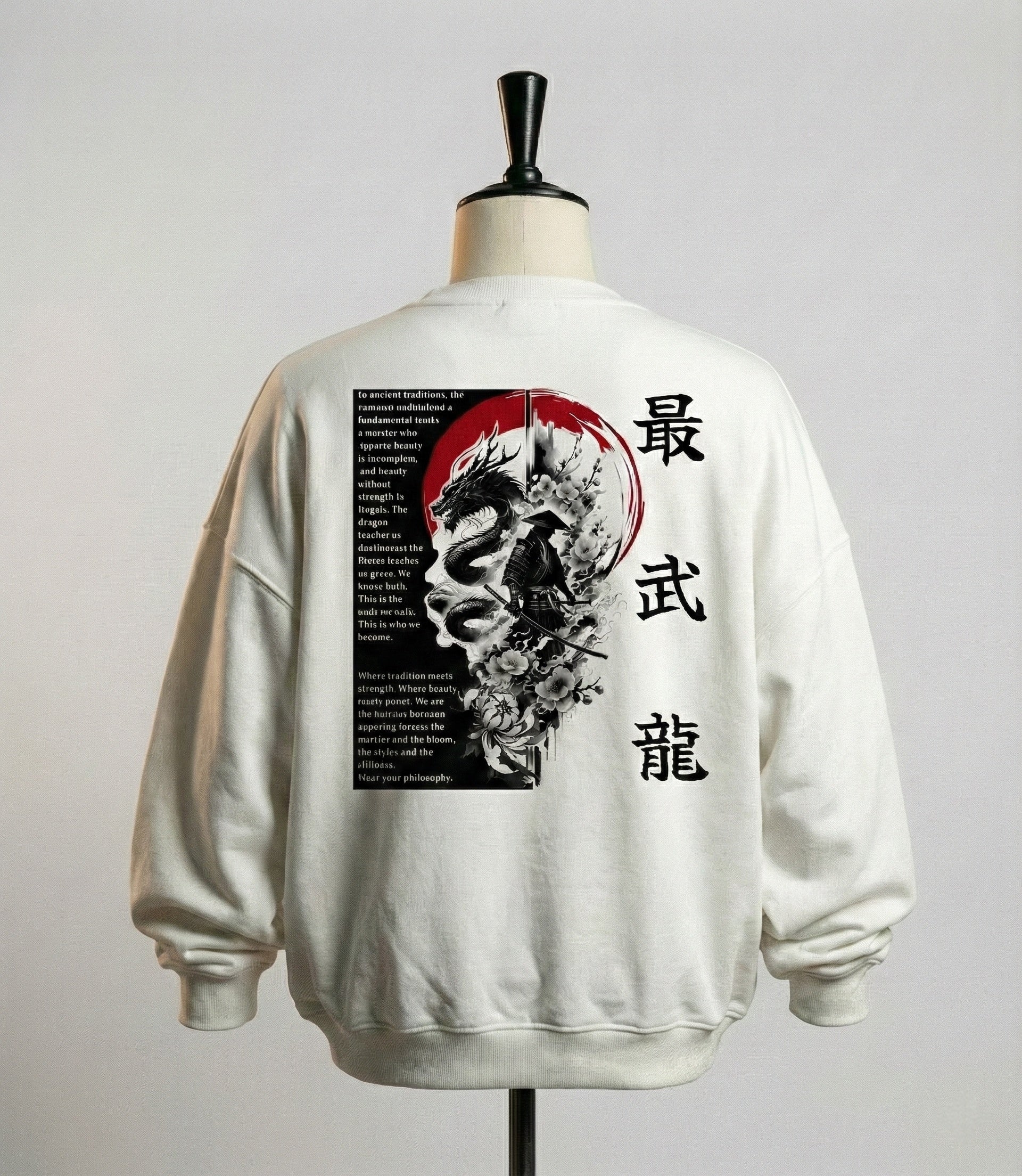 White premium warrior oversized sweatshirt on mannequin – back view with samurai, dragon, and red sun artwork by Cleevelabel, minimalist studio background.