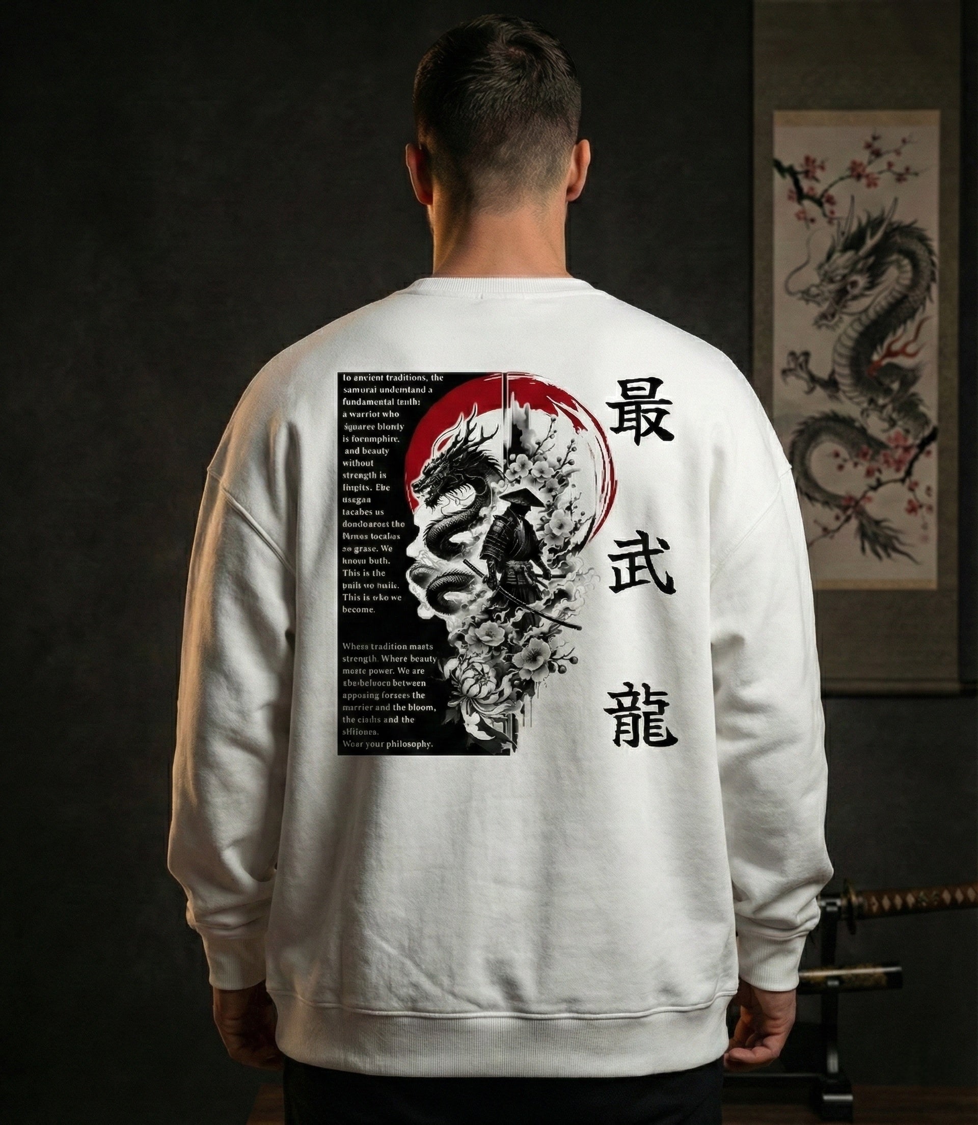 White warrior oversized sweatshirt worn by male model – back view with samurai and dragon design, luxury dark studio setting, Cleevelabel apparel.