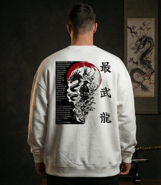 White warrior oversized sweatshirt worn by male model – back view with samurai and dragon design, luxury dark studio setting, Cleevelabel apparel.