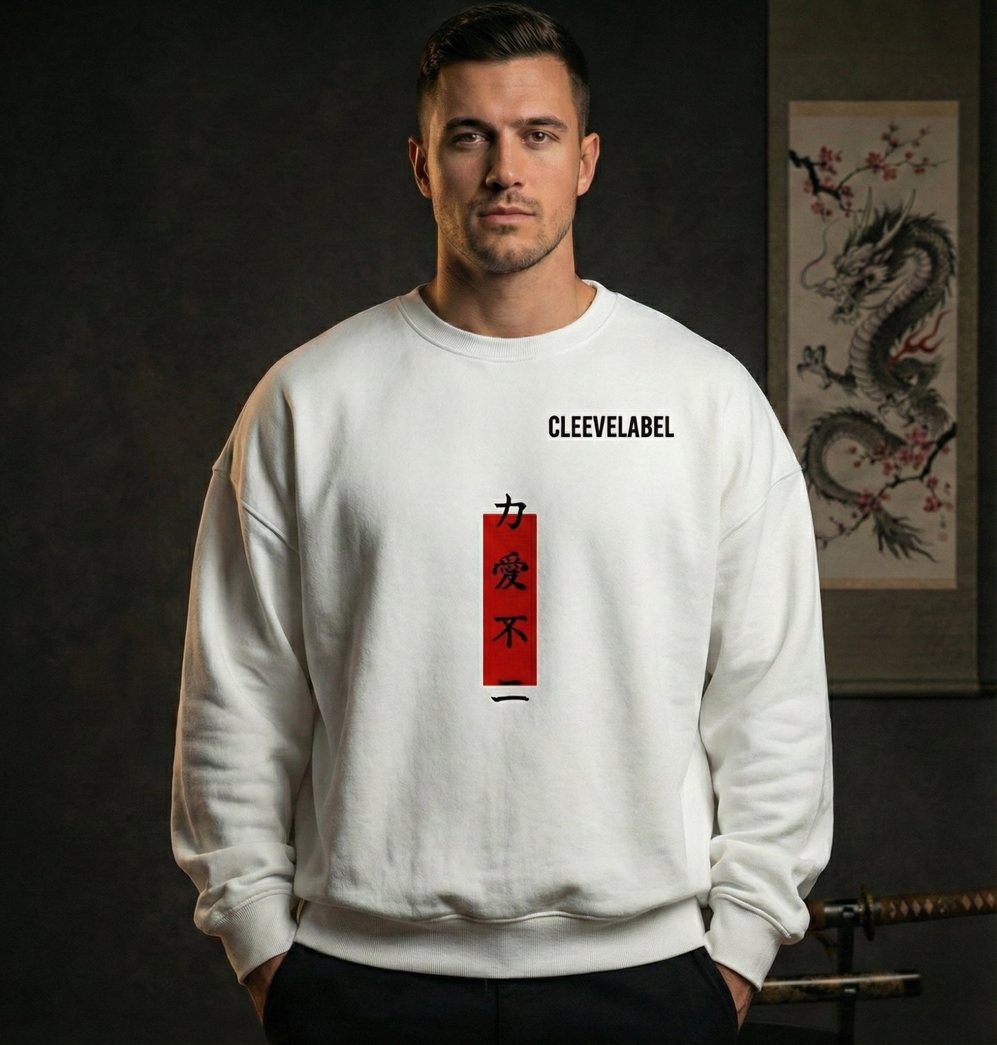 White warrior oversized sweatshirt front worn by male model – vertical red kanji design and Cleevelabel branding, luxury dark studio aesthetic.