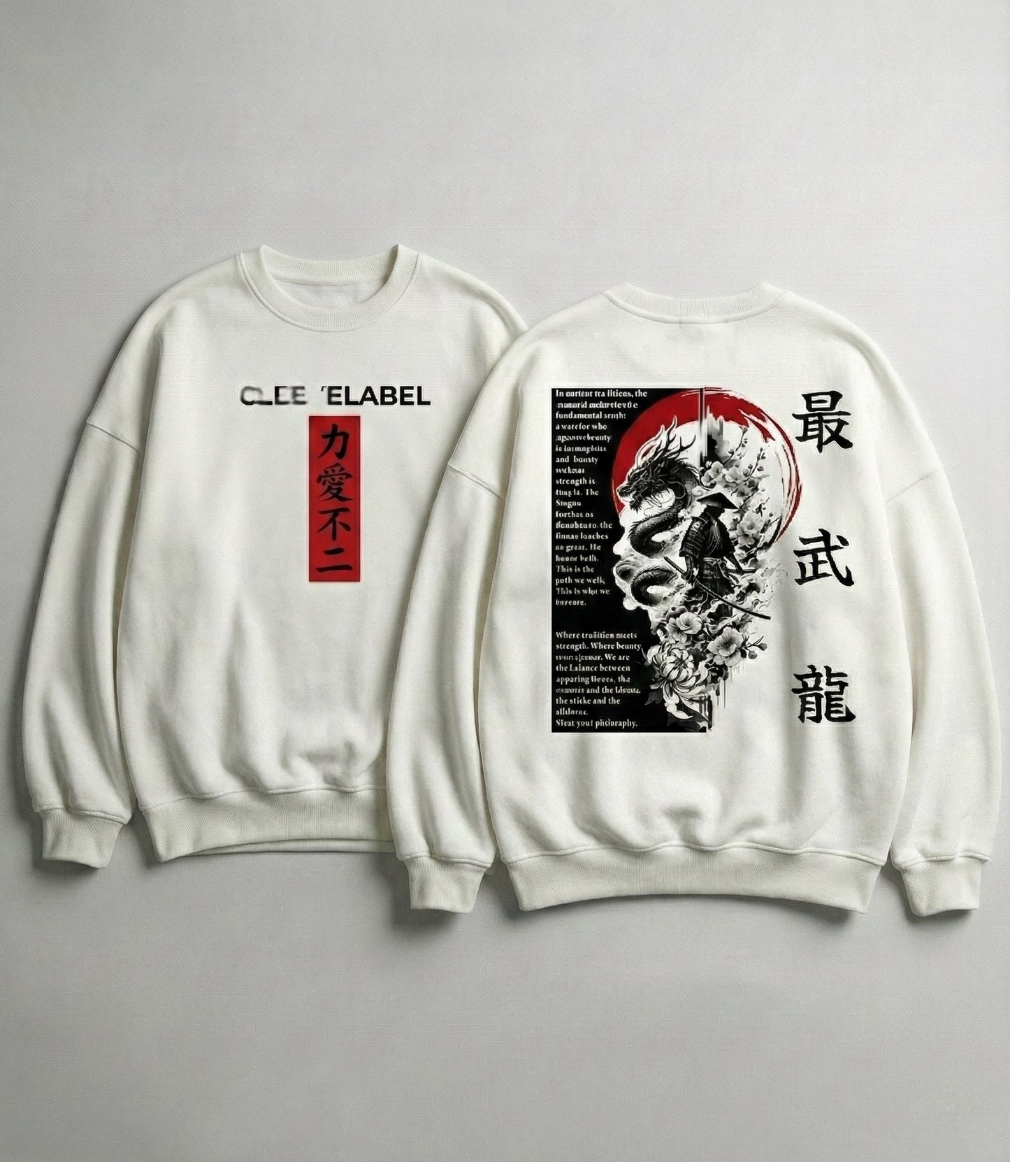 Flat-lay mockup of Cleevelabel warrior oversized sweatshirt showing front kanji panel and back samurai dragon artwork, off-white background.
