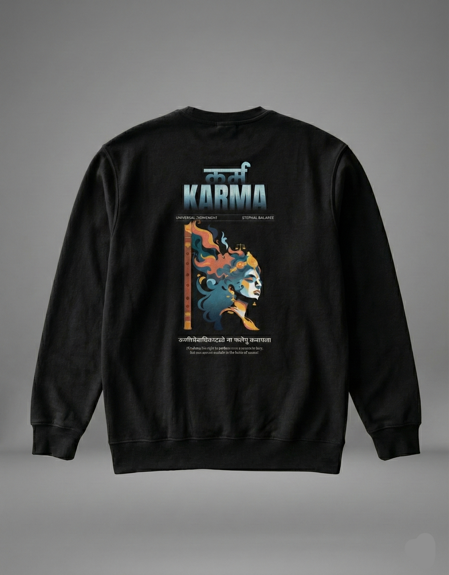 Back view of black Karma sweatshirt with illustrated deity artwork and typography.
