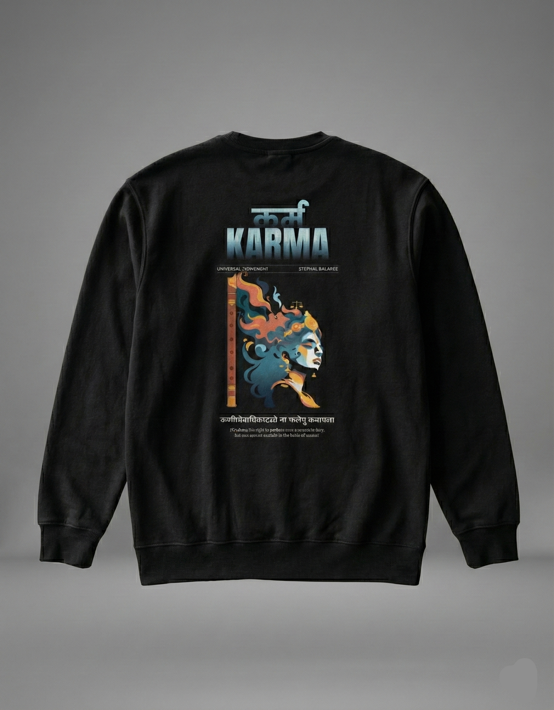 Back view of black Karma sweatshirt with illustrated deity artwork and typography.